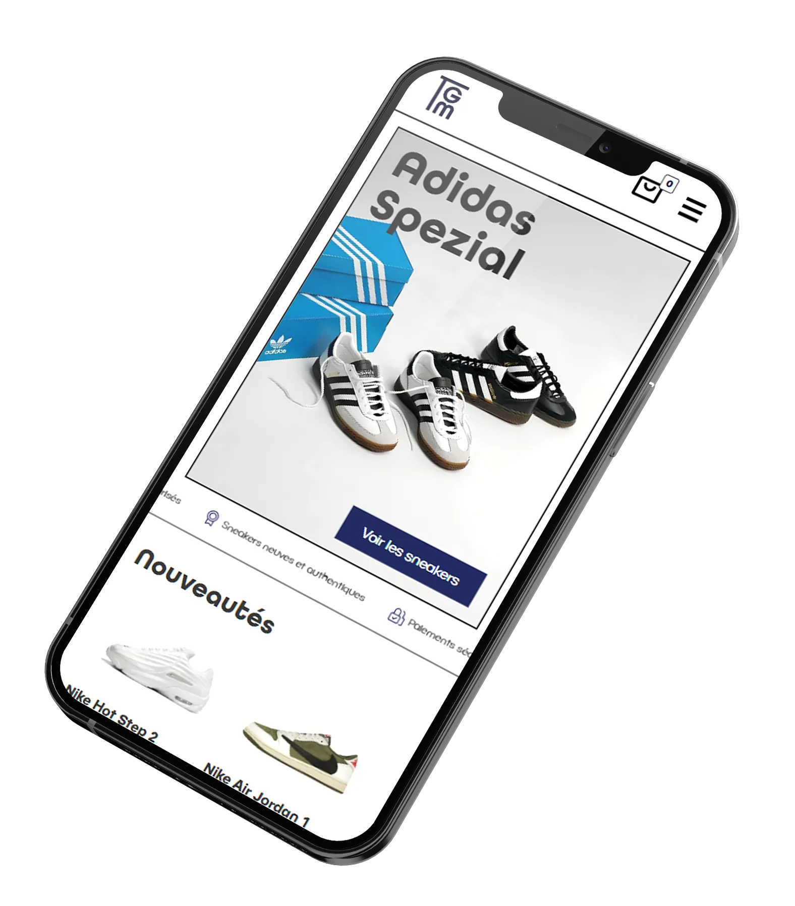 Aperçu mobile du site e-commerce The Good Moov, design responsive sur iPhone
